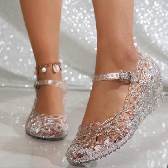 Shoes - Beautiful Glitter Wedge Jelly Shoes